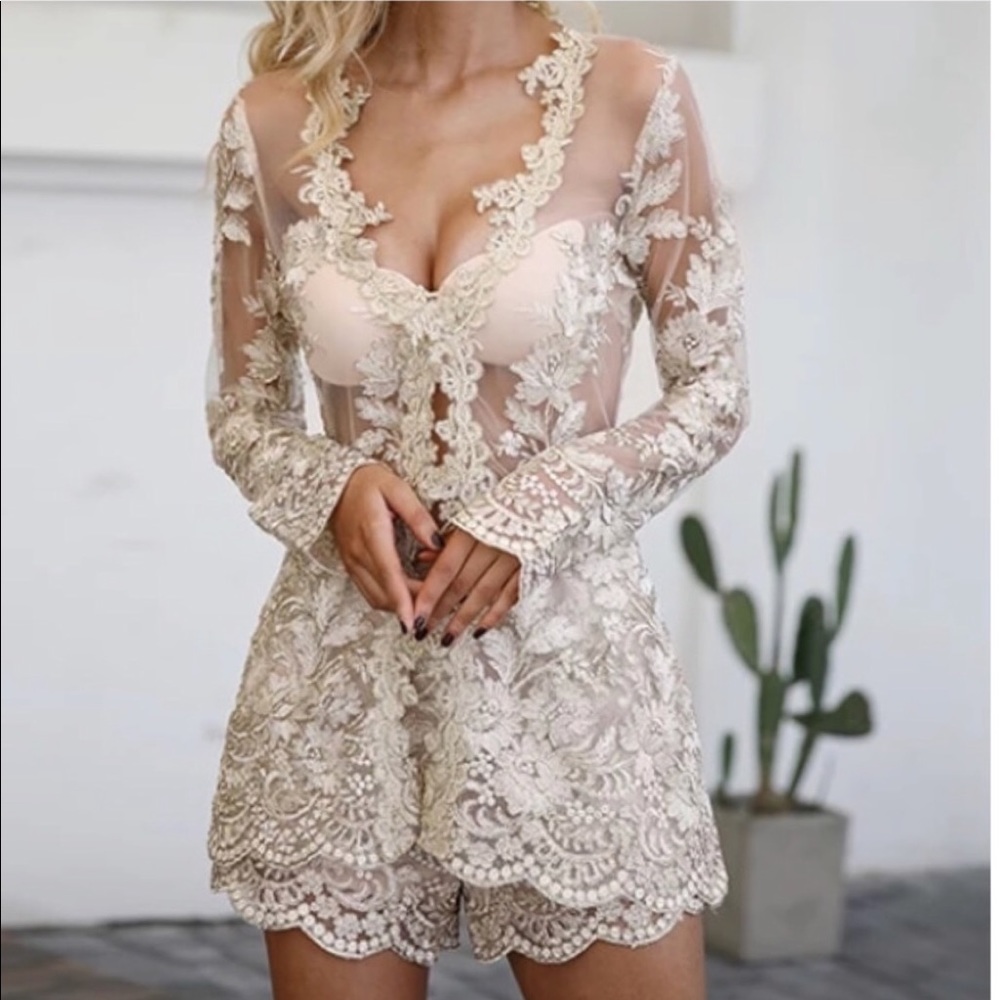 Gold Lace Embroidered Scallop Crochet 2 Piece Set - Picture 2 of 8